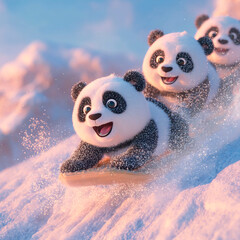 Happy cartoon pandas sledding together down a snowy hill at sunset with joyful expressions and sparkling snow