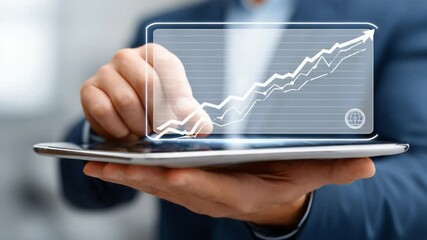 Digital Ascension: A hand delicately cradles a tablet displaying a dynamic line graph that symbolizes business expansion, illustrating growth and prosperity within the business realm. - Powered by Adobe