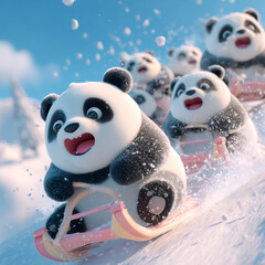 Excited cartoon pandas racing downhill on sleds through snowy terrain with joyful expressions and flying snow