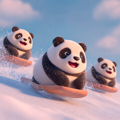 Three cheerful cartoon pandas sledding down a snowy hill with joyful expressions on a bright winter day