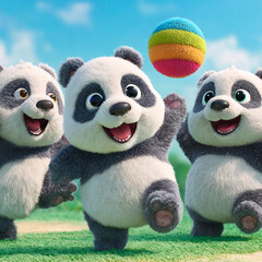 Three playful cartoon pandas joyfully chasing a colorful fuzzy ball on a bright sunny day in a grassy field
