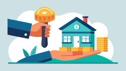A hand is holding a key and a house with a pile of coins in front of it. Concept of financial security and stability, as the coins represent wealth and the key symbolizes access to it