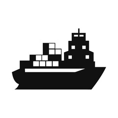 Obraz premium Silhouette of cargo ship carrying containers at sea for global shipping and freight design