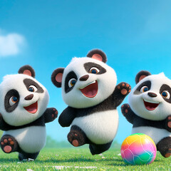 Three adorable cartoon pandas joyfully playing with a colorful ball on a sunny day in a grassy field