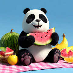 Happy cartoon panda sitting on a pink blanket enjoying a watermelon slice surrounded by bananas, oranges, and summer fruits