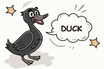 Cartoon black duck with speech bubble comic style illustration