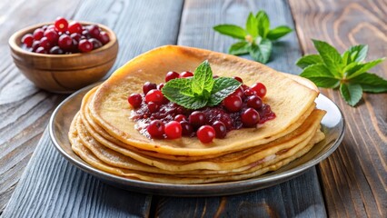 Thin Swedish pancakes with a sweet and tangy lingonberry jam on top, pancakes, syrup,  pancakes, syrup