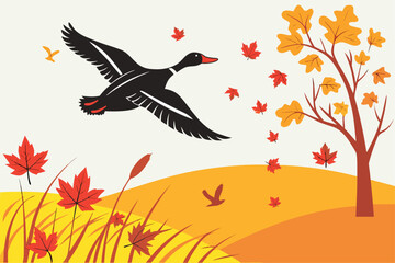Black duck flying over colorful autumn leaves in a serene landscape