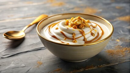 Bowl of creamy yogurt with golden drizzle, healthy, dessert,  healthy, dessert, bowl