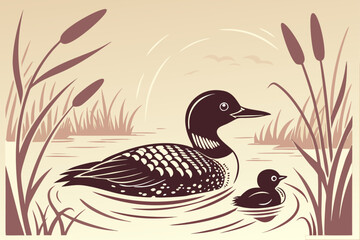 Adorable black duck and duckling duo in vibrant colors