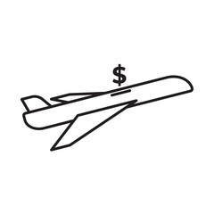 Line icon of an airplane with a dollar symbol, symbolizing travel savings, vacation budgeting, or expenses for trips and holidays.