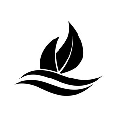 Minimalist sailboat floating on leaf wave icon for nature inspired travel and eco journeys