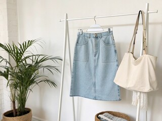 Light blue denim skirt hanging on minimalist white clothing rack beside canvas tote bag and potted plant, clean white wall background, bright lighting.