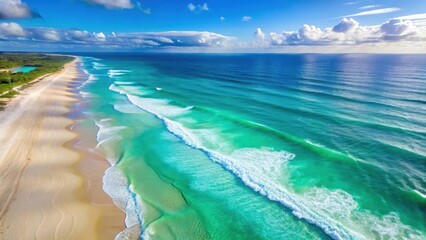 Panoramic aerial view of white sandy beach and turquoise waters in front of turquoise ocean waves , drone, beach