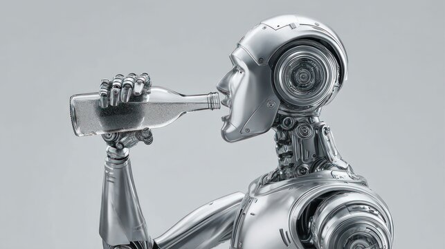 A futuristic robot consumes a drink from a bottle, showcasing the fusion of technology and human-like actions in a captivating artistic shot.