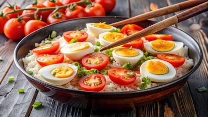 Sliced tomatoes and hard-boiled eggs stir-fried with rice in a steaming hot wok plate , tomato, Asian dish