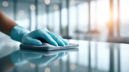 A person wearing blue gloves is cleaning a reflective surface with a gray cloth, emphasizing hygiene and cleanliness.