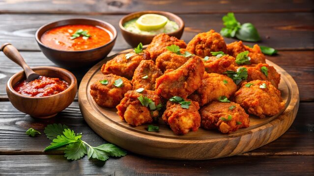 Crispy fried chicken pieces in a spicy tomato-based sauce served on a wooden platter, chicken pakora, wooden platter