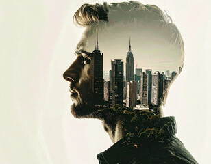 Double exposure of a man in cityscape urban environment creative photography artistic perspective modern concept