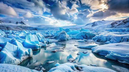 Glacial landscape with blue ice formations and white snow, icy, nature,  icy, nature, frozen, frosty, blue