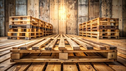 Wooden pallets arranged in a row on a rustic wooden floor, with some pallets slightly overlapping each other, creating a sense of depth and texture, texture, wooden pallets