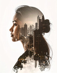 Double exposure portrait of a woman in urban landscape cityscape photography artistic environment side profile emotional concept