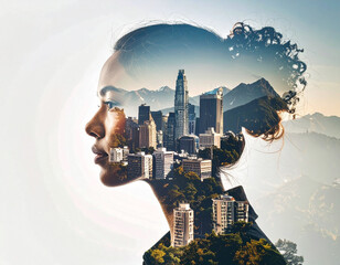 Cityscape silhouette woman's double exposure portrait urban environment digital art emotional reflection