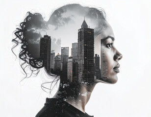 Urban dreams woman's reflection cityscape double exposure artistic environment side profile surreal concept