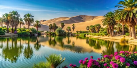 Palm trees, sandy dunes, and a tranquil oasis, with a serene lake in the foreground