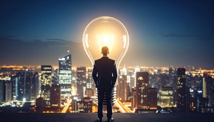 Businessman gazing at illuminated lightbulb over city