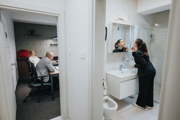 Corporate employees collaborate in an office setting, seated at desks with concentrated...
