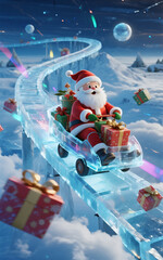 Santa's Thrilling Christmas Adventure: A Joyful Ride on the Transparent Ice Coaster Amidst a Winter Wonderland