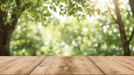Empty wooden and blurred green nature garden background