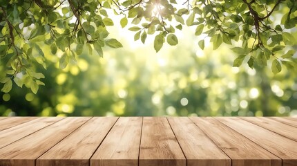 Empty wooden and blurred green nature garden background