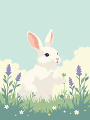 Obraz premium Rabbit nibbling clover in meadow with soft white fur, mint green grass, lavender flowers, and pale sky