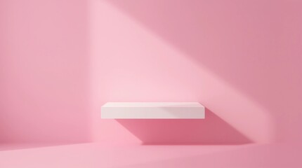 Front view of empty shelf on pink wall background with modern minimal concept. Display of backdrop shelves for showing. Realistic 3D render (