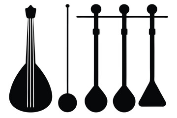 Black silhouette of a bouzouki and pendulum wave instruments