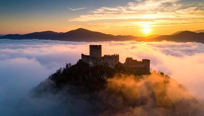 Obraz premium Medieval castle perched atop a hill, bathed in golden sunset light, amongst a sea of clouds
