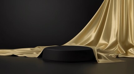Gold pedestal or podium display with golden satin fabric platform concept on dark background. Blank shelf stand for showing product. 3D rendering