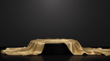 Gold pedestal or podium display with golden satin fabric platform concept on dark background. Blank shelf stand for showing product. 3D rendering