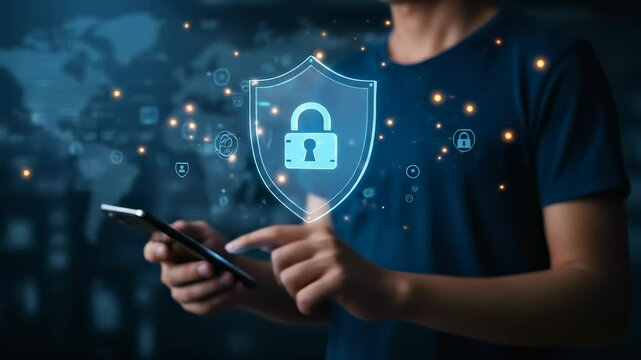 Digital Cybersecurity: Man uses smartphone to activate virtual shield, ensuring secure data protection and online privacy within a global network.