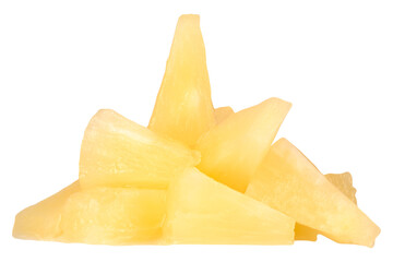 Pile of juicy canned pineapple pieces cut out on transparent background.
