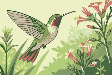 Obraz premium Illustration of a hummingbird hovering near pink flowers in a leafy green background scene design