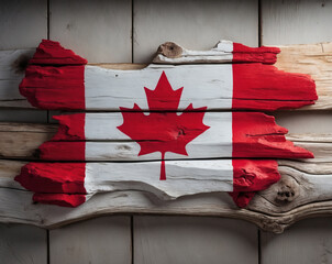 Rustic Canadian flag art crafted from reclaimed wood hangs on a weathered wall in a cozy cabin setting