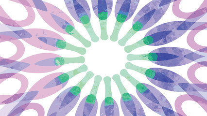 Watercolor style radial design featuring purple and green shapes arranged around a central white space
