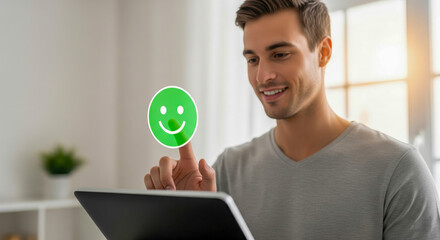 Young Man Interacting With Virtual Smile Icon
