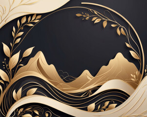 Golden mountains and flowing waves create a stunning backdrop of nature's elegance in this artistic design