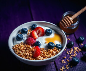 Delicious breakfast bowl with creamy yogurt, fresh berries, granola, and honey on a vibrant purple background