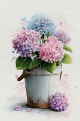 Fototapeta premium Watercolor painting of vibrant hydrangeas in a rustic white bucket with fallen petals on a textured background