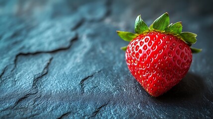 Close-up of a fresh strawberry on a dark slate surface.